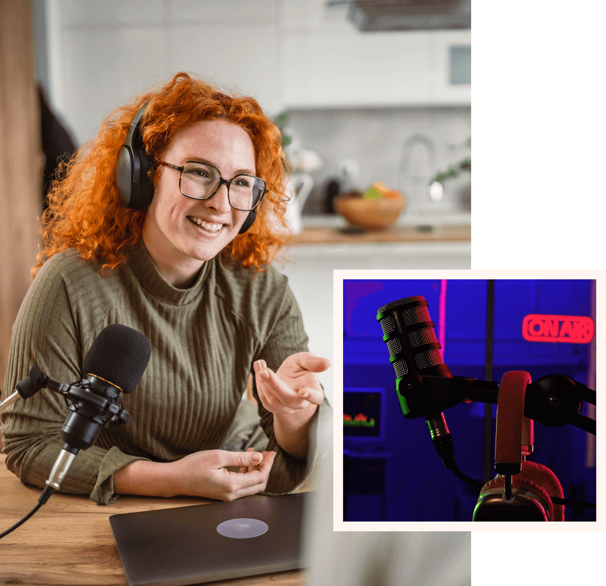 Podcaster with headphones speaking into a microphone