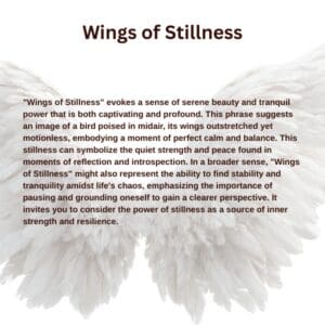 White angel wings with "Wings of Stillness" text
